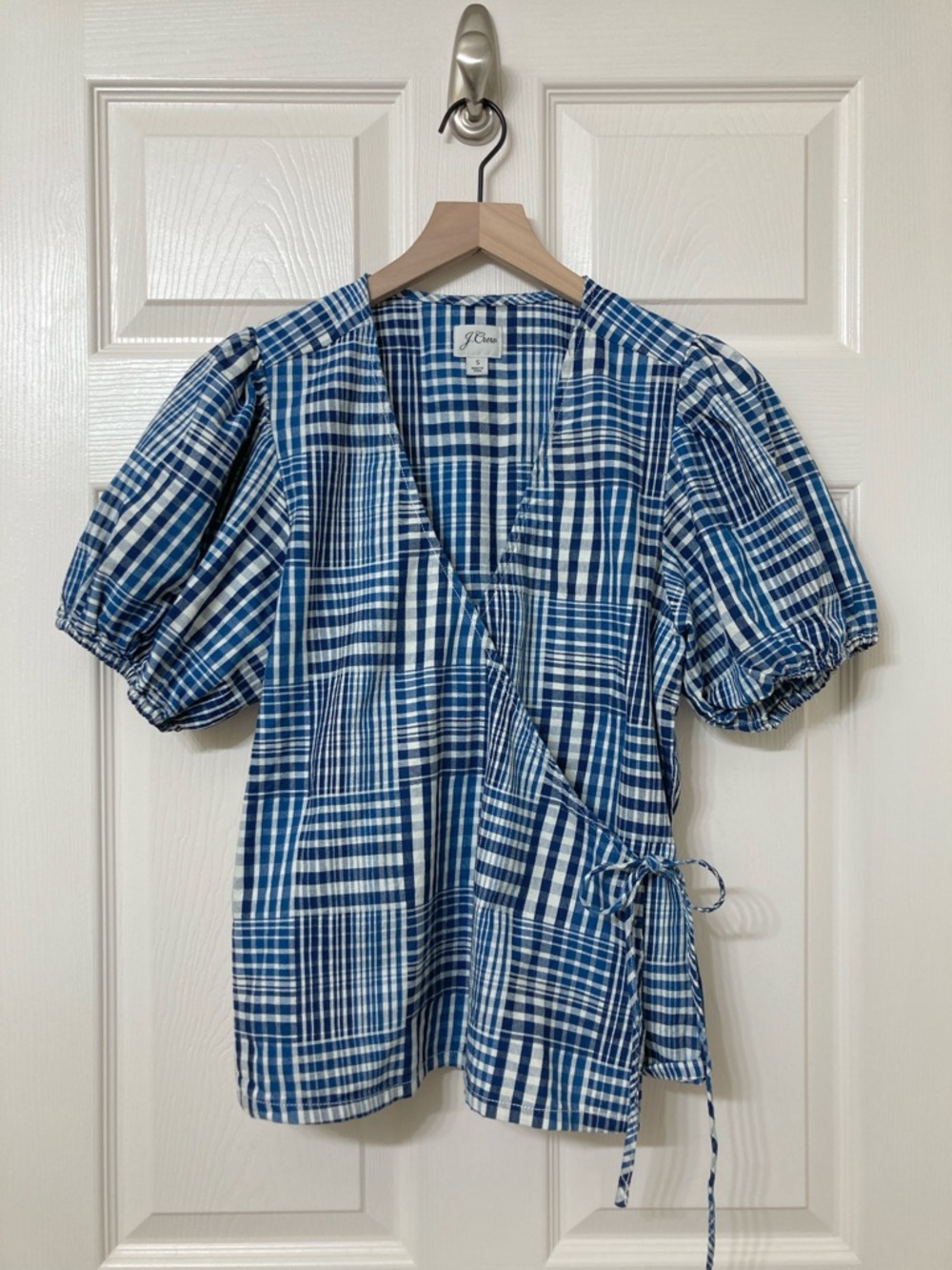 J. Crew Blue White Patchwork Plaid Puff Sleeve Wrap Top Shirt Small Boho Coastal